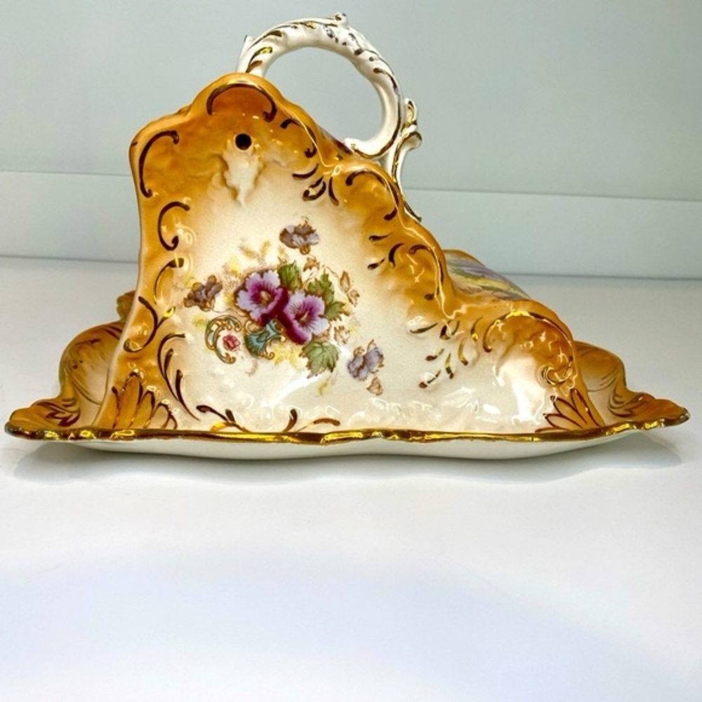 Antique S.F.  &  Co Crown Devon Covered Cheese Keeper Cream Tan Gold Flowers